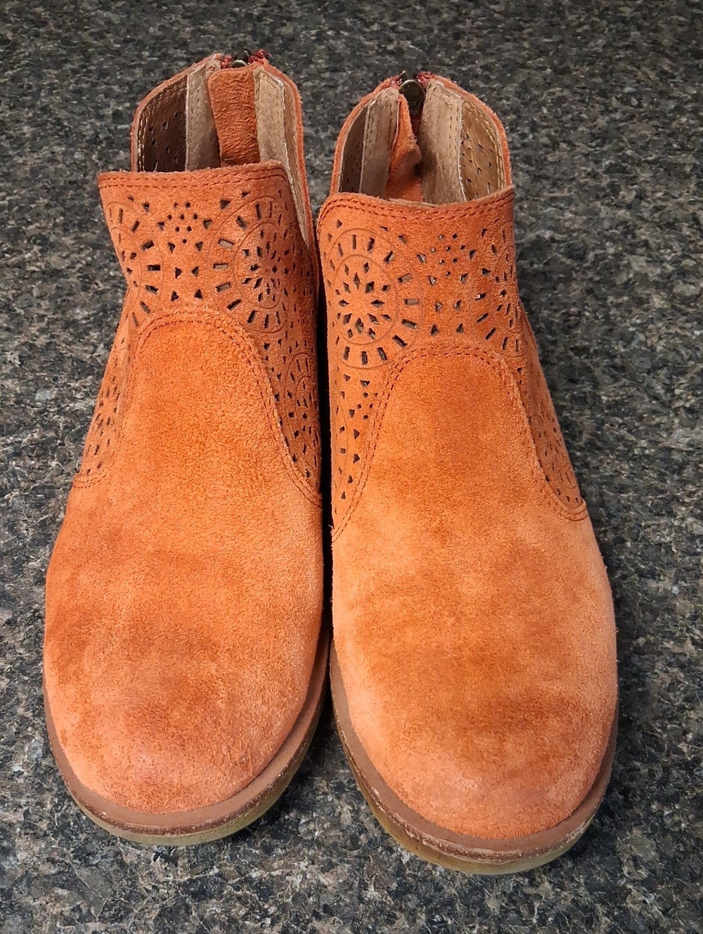 Women’s Sofft Suede Ankle Booties in Orange - Perforated Detail
